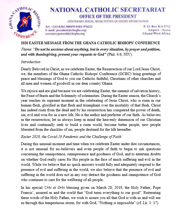 2020 EASTER MESSAGE FROM THE GHANA CATHOLIC BISHOPS’ CONFERENCE